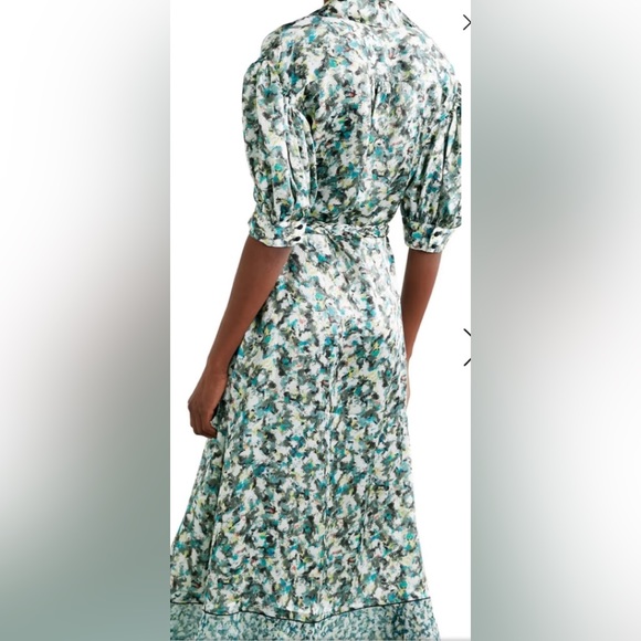 NWT DYVNA belted printed chiffon trimmed hammered silk satin midi length dress - Picture 4 of 15